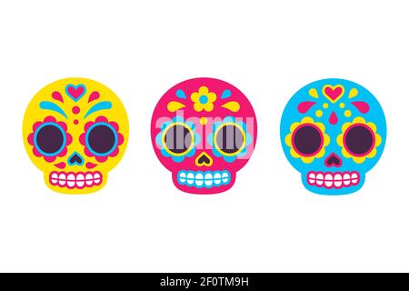 Mexikanische Dia de los Muertos (Tag der Toten) Zucker Schädel Symbole. Cute Cartoon Illustration Set in flachen Vektor-Stil. Stock Vektor