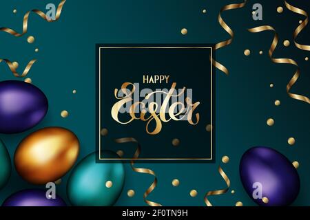 Farbe, goldene ostereier auf dunklem Hintergrund. Ostern bunte Eier mit goldenen Serpentin und Konfetti. Hintergrund der Einladung. Vorlage für Ostern Stock Vektor