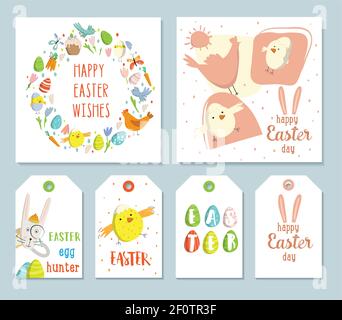 Frühlings-Illustrationen-Set. Quadratische osterkarten, Geschenk-Tags und Etiketten.Kranz von Ostern Elemente. Hae, Eierjäger. Niedliche und moderne Vektor-Illustration. Stock Vektor