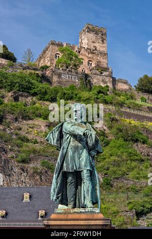 Field Marshall Blucher Statue, Burg Gutenfels, Hotel im Schloss, Kaub, Gemeinde Loreley, Oberes Mittelrheintal, Rheinland-Pfalz Deutschland Stockfoto