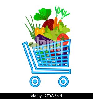 Warenkorb mit Gemüse isoliert auf weißem Hintergrund. Supermarkt Warenkorb. Einkaufskassewagen mit voller Nahrung. Vektorgrafik für Aktien Stock Vektor