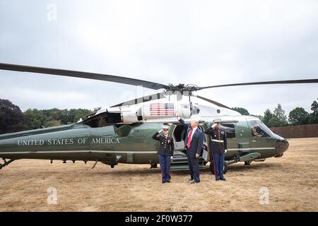 Präsident Donald Trump verlässt die Royal Military Academy Sandhurst Marine One / Juli 13 2018 Stockfoto