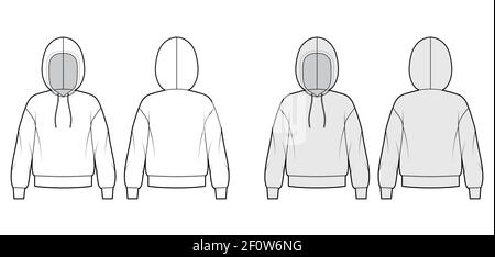 Hoody Sweatshirt technische Mode-Illustration mit langen Ärmeln, übergroßen Körper, Bund Saum, Tunnelzug. Flache mittelgroße Bekleidungsvorlage vorne, hinten, weiß, grau Farbstil. Frauen, Männer, Unisex-Modell Stock Vektor