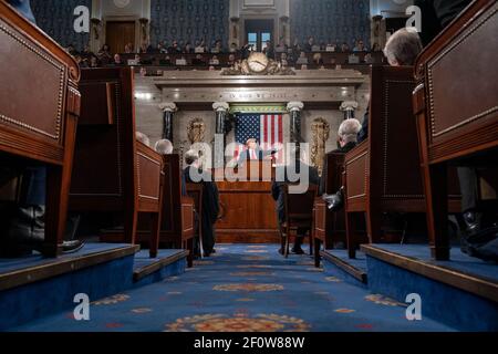 Präsident Donald Trump hält seine Rede zur Lage der Union am Dienstag, den 4 2020. Februar, in der Kammer des US-Kapitols in Washington D.C. Stockfoto