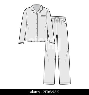 Set von Sleepwear Pyjamas Hemd, Hose technische Mode Illustration mit voller Länge, niedrige Taille, Taschen, Knopfverschluss, lange Ärmel. Flatfront, graue Farbgebung. Frauen, Männer Unisex CAD mockup Stock Vektor