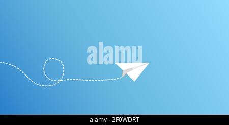Die Papierebene fliegt auf blauem Hintergrund zum Ziel und konzentriert sich auf den Erfolg. Business Startup-Konzept. Isoliert auf weißem Hintergrund. Flacher Style. Vektor i Stock Vektor
