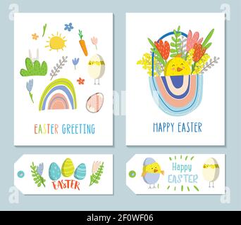 Frühlings-Illustrationen-Set. Osterkarten, Geschenkanhänger und Etiketten. Ostern Clipart. Osterelemente. Niedliche und moderne Vektor-Illustration. Ideal für soziale m Stock Vektor