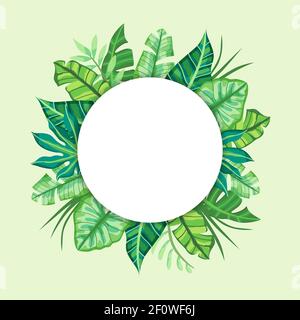 Rundes Label-Design mit tropischen Blättern. Geeignet für Naturkonzept, Urlaub und Sommerferien. Vektorgrafik. Stock Vektor