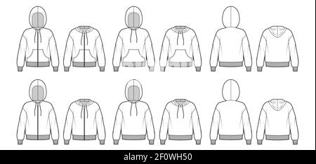 Set aus Zip-Up Hoody Sweatshirt technische Mode Illustration mit langen Ärmeln, übergroßen Körper, Kängurutasche, Strickbündchen. Flache Schablone vorne, hinten, weiße Farbe. Frauen, Männer, Unisex CAD Mockup Stock Vektor