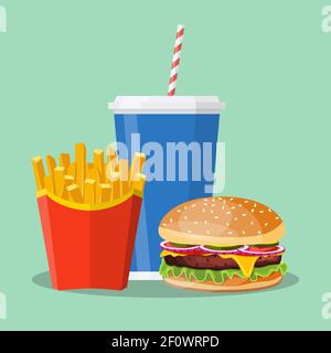 Hamburger Pommes und Soda. Stock Vektor