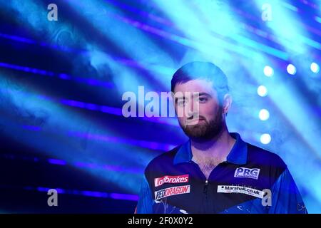Luke Humphries am dritten Tag des Ladbrokes UK Open 2021 Turniers in der Marshall Arena, Milton Keynes. Bilddatum: Sonntag, 7. März 2021. Stockfoto