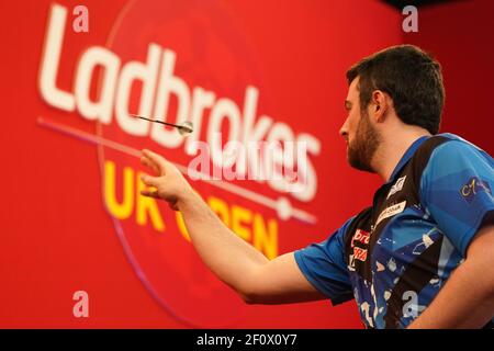 Luke Humphries am dritten Tag des Ladbrokes UK Open 2021 Turniers in der Marshall Arena, Milton Keynes. Bilddatum: Sonntag, 7. März 2021. Stockfoto