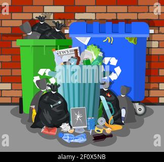 Mülltonne aus Stahl voller Müll. Stock Vektor