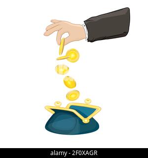 Hand setzt Geld in die Wallet.Growth, Einkommen, Ersparnisse, Investitionen concept.Symbol des Reichtums.Business Success.Bank Deposit Metapher.Vector Illustration Stock Vektor