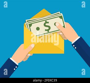 Hände Geschäftsmann hält Umschlag mit Bargeld. Stock Vektor