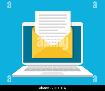 Laptop mit Umschlag und Dokument auf dem Bildschirm. Stock Vektor