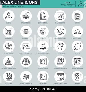 Thin-Line-Symbole für Bildung und Wissen für Websites, mobile Websites und Apps. Enthält solche Symbole wie Online-Kurs, Universität, Studium. 48 x 48 Pi Stock Vektor