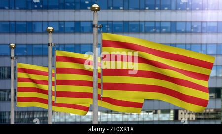 3D Illustration Katalonien unabhängige Flagge winken in modernen Wolkenkratzer Stadt. Schöner hoher Turm mit katalanischen Banner weht. Tuch Stoff Textur en Stockfoto