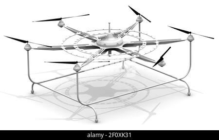 Hexacopter für die Frachtlieferung. Unbemanntes Luftfahrzeug mit sechs Propellern zur Ladungslieferung. 3D Abbildung Stockfoto