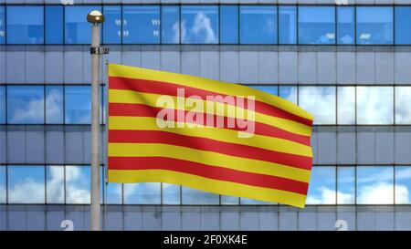 3D Illustration Katalonien unabhängige Flagge winken in modernen Wolkenkratzer Stadt. Schöner hoher Turm mit katalanischen Banner weht. Tuch Stoff Textur en Stockfoto