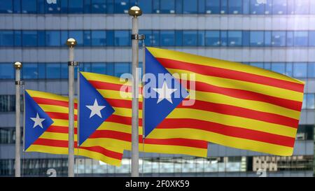 3D Illustration Katalonien unabhängige Flagge winken in modernen Wolkenkratzer Stadt. Schöner hoher Turm mit katalanischer Estelada Banner weht. Stoffgewebe t Stockfoto