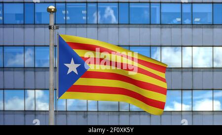 3D Illustration Katalonien unabhängige Flagge winken in modernen Wolkenkratzer Stadt. Schöner hoher Turm mit katalanischer Estelada Banner weht. Stoffgewebe t Stockfoto