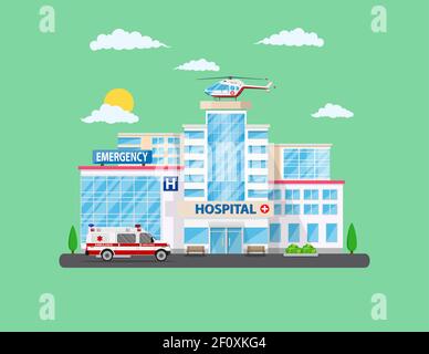 Klinikgebäude mit Ambulanzhubschrauber und Auto Stock Vektor