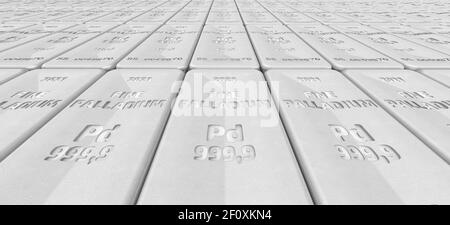 Palladium-Stäbe nach höchstem Standard. Viele Barren von 999,9 Fine Palladium liegen in einer Reihe. Hintergrund. 3D Abbildung Stockfoto