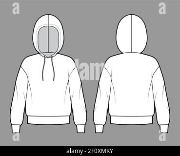 Hoody Sweatshirt technische Mode-Illustration mit langen Ärmeln, übergroßen Körper, Bund Saum, Tunnelzug. Flach Medium Bekleidungsvorlage vorne, hinten, weiß Farbe Stil. Frauen, Männer, Unisex CAD Mockup Stock Vektor