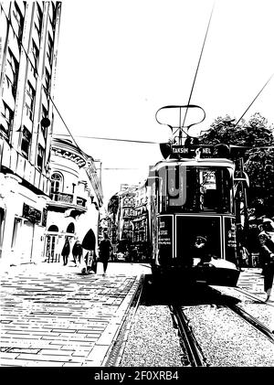 Nostalgische rote Straßenbahn am Beyoglu Taksim in der Nähe des Tunnels.die Istanbul nostalgische Straßenbahn sind zwei historische Straßenbahnlinien in der Stadt Istanbul, Türkei. Stock Vektor