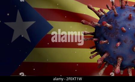 3D Illustration Coronavirus schwimmt über Katalonien unabhängige Flagge, Erreger greift Atemwege. Katalanische estelada Banner winkt mit Pandemie Stockfoto