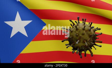 3D Illustration Coronavirus schwimmt über Katalonien unabhängige Flagge, Erreger greift Atemwege. Katalanische estelada Banner winkt mit Pandemie Stockfoto