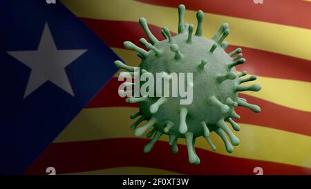 3D Illustration Coronavirus schwimmt über Katalonien unabhängige Flagge, Erreger greift Atemwege. Katalanische estelada Banner winkt mit Pandemie Stockfoto