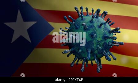 3D Illustration Coronavirus schwimmt über Katalonien unabhängige Flagge, Erreger greift Atemwege. Katalanische estelada Banner winkt mit Pandemie Stockfoto