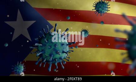 3D Illustration Coronavirus schwimmt über Katalonien unabhängige Flagge, Erreger greift Atemwege. Katalanische estelada Banner winkt mit Pandemie Stockfoto