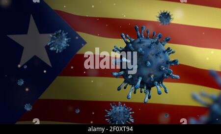 3D Illustration Coronavirus schwimmt über Katalonien unabhängige Flagge, Erreger greift Atemwege. Katalanische estelada Banner winkt mit Pandemie Stockfoto