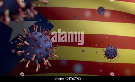 3D Illustration Coronavirus schwimmt über Katalonien unabhängige Flagge, Erreger greift Atemwege. Katalanische estelada Banner winkt mit Pandemie Stockfoto