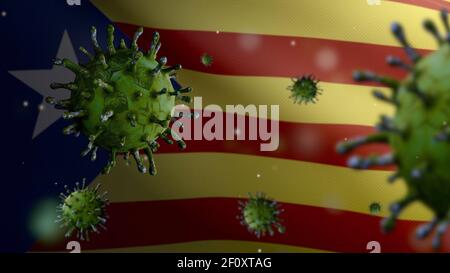 3D Illustration Coronavirus schwimmt über Katalonien unabhängige Flagge, Erreger greift Atemwege. Katalanische estelada Banner winkt mit Pandemie Stockfoto