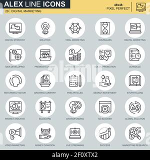 Thin-Line-Geschäfts- und Marketing-Symbole für Websites und mobile Websites und Apps. Enthält Symbole wie Strategie, globale Lösung, Markt. 48 x 48 Pixel Stock Vektor
