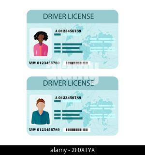 Mann und Frau Führerschein isoliert auf weißem Hintergrund. Identität, Ausweis oder Ausweis, Identitätsnachweis, Personendaten.Vektordarstellung Stock Vektor