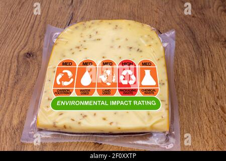 Umweltverträglichkeitsprüfung auf Käsepakete mit hohen, med und niedrigen Bewertungen für die CO2-Bilanz von Lebensmitteln, Wassernutzung, Landnutzung, Verpackungsabfälle und che Stockfoto