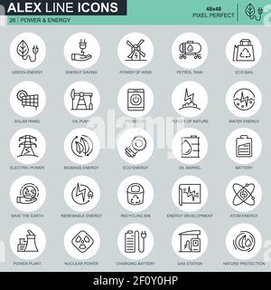 Thin-Line-Power-Industrie-Symbole für Websites und mobile Websites und Apps. Enthält Symbole wie Solarpanel, Eco Energy, Kraftwerk. 48 x 48 Pixel Perf Stock Vektor