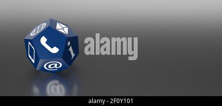 Blaue Dodekaeder Würfel mit Telefon Internet und Kommunikation Unterstützung Symbole 3D Rendern Stockfoto