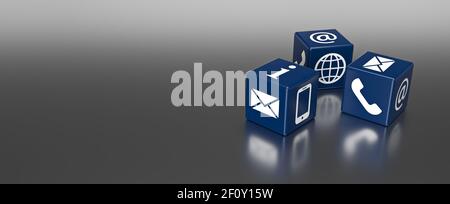 Drei blaue Würfel mit Telefon Internet und Kommunikation Unterstützung Symbole 3D Rendern Stockfoto