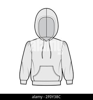 Hoody Sweatshirt technische Mode-Illustration mit Ellbogenärmeln, Relax Body, Kängurutasche, Bund, Kordelzug. Flache Bekleidungsvorlage vorne, grau. Frauen, Männer, Unisex CAD Mockup Stock Vektor