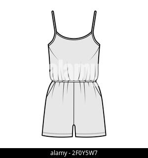 Camisole Jumpsuit Dungaree Overall technische Mode-Illustration mit Mini-Länge, normale elastische Taille, überdimensioniert, Taschen. Flatfront, graue Farbgebung. Frauen, Männer Unisex CAD mockup Stock Vektor