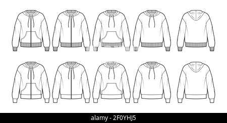 Set aus Zip-Up Hoody Sweatshirt technische Mode Illustration mit langen Ärmeln, übergroßen Körper, Kängurutasche, Strickbündchen. Flache Schablone vorne, hinten, weiße Farbe. Frauen, Männer, Unisex CAD Mockup Stock Vektor