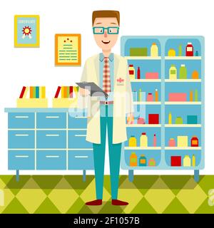 Doktor in seinem Büro Wohnung Design mit jungen Mann in Brillen und Schränke im Hintergrund Vektorgrafik Stock Vektor