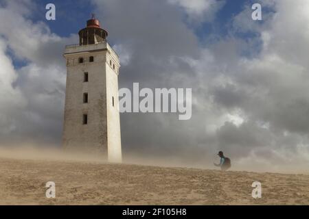 Rubjerg Knude Fyr im Sandsturm, Dänemark Stockfoto
