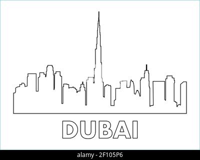 Dubai City Illustration.Vereinigte Arabische Emirate Wolkenkratzer Linie Kunst. Silhouette Gebäude für Drucke, Aufkleber, Designs. Vektor. Stock Vektor